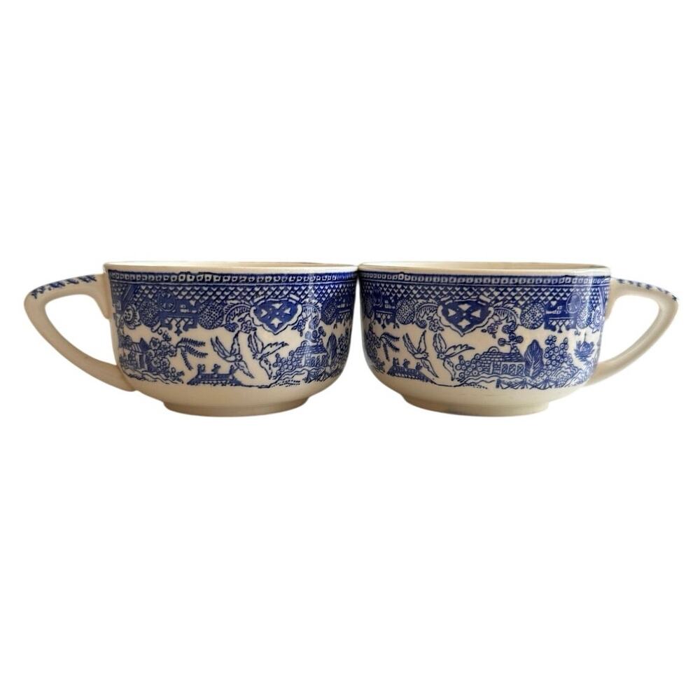 Vintage Blue Willow Tea Cups Set Blue White Transferware Cottagecore China Mugs